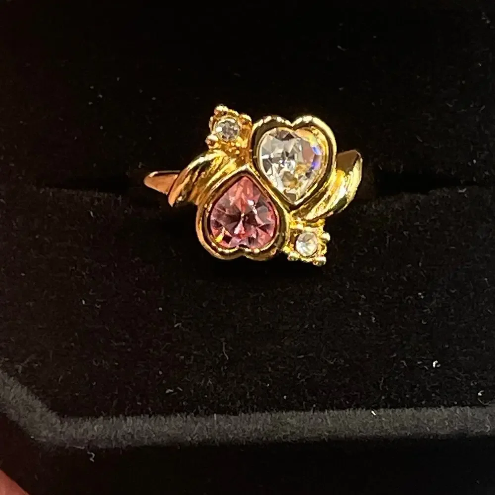 Double Hearts CZ Pink and Clear Rhinestone Ring in Gift Box Size 8 Vtg Avon